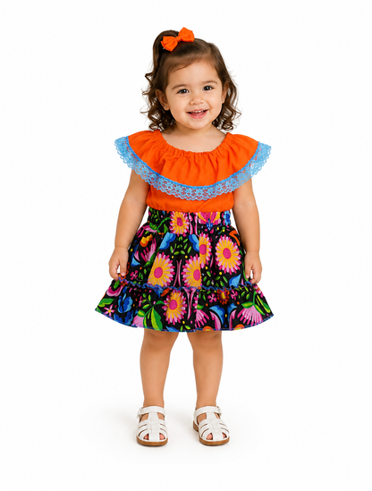SET PATRIO TUTU CON BLUSA CAMPESINA NARANJA ENCAJE AZUL, FALDA FLORES