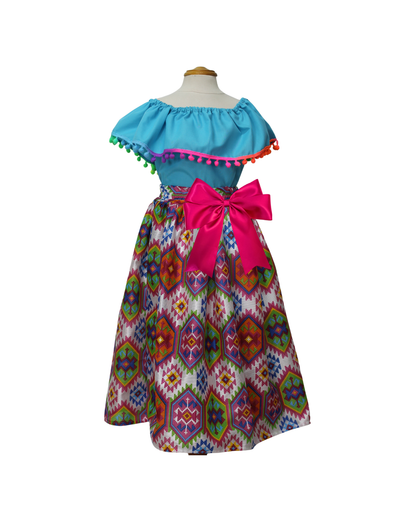 SET FALDA ADELITA CUADROS  BLUSA CAMPESINA AZUL POMPON ARCOIRIS, FALDA CUADROS BLANCA