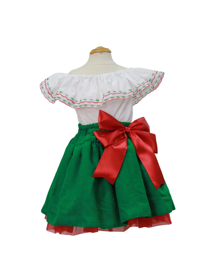 SET PATRIO TUTU CON BLUSA CAMPESINA BLANCA ENCAJE TRICOLOR FALDA VERDE