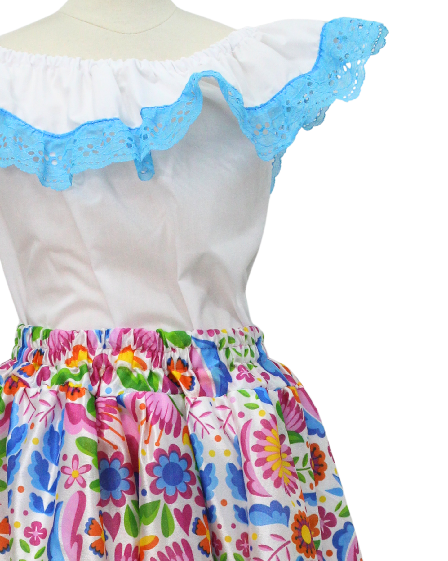 SET FALDA ADELITA COLORES BLUSA CAMPESINA BLANCA ENCAJE AZUL