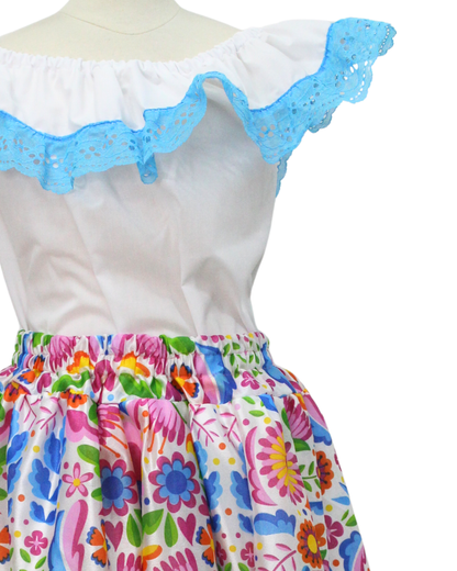 SET FALDA ADELITA COLORES BLUSA CAMPESINA BLANCA ENCAJE AZUL