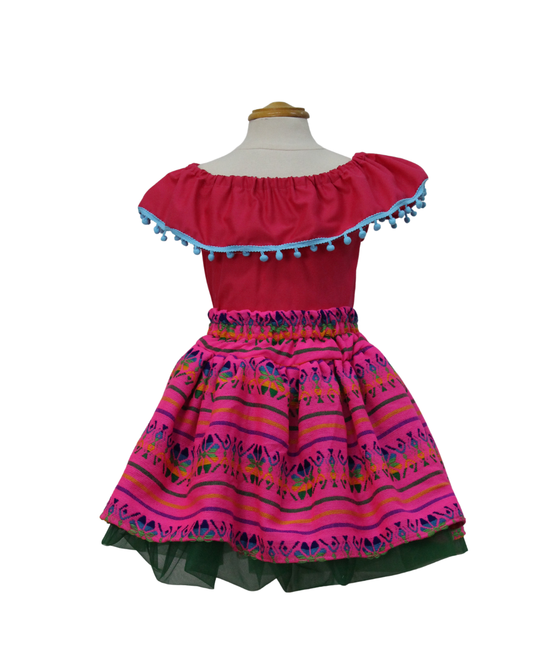 SET PATRIO TUTU CON BLUSA CAMPESINA ROSA POMPON AZUL, FALDA CAMBAYA ROSA