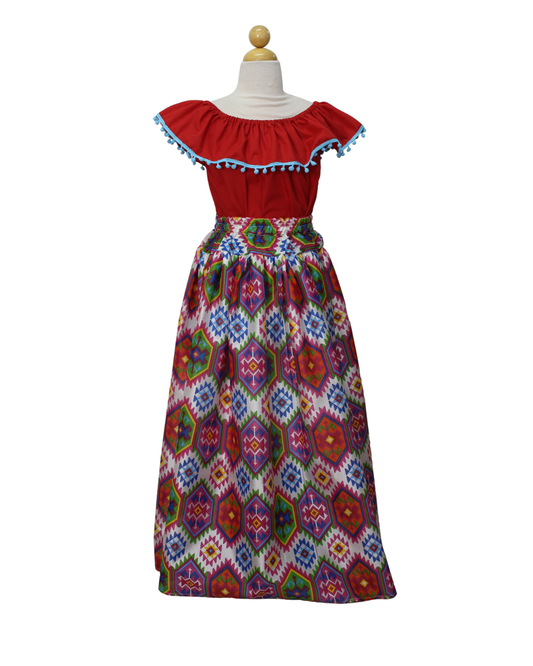 SET FALDA ADELITA COLORES BLUSA CAMPESINA ROJA POMPON AZUL, FALDA CUADROS BLANCA
