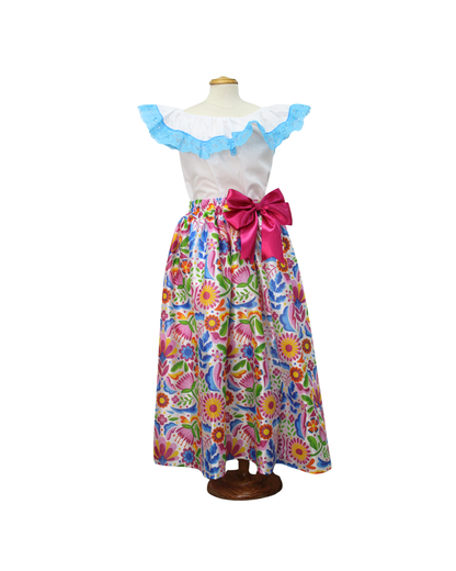 SET FALDA ADELITA COLORES BLUSA CAMPESINA BLANCA ENCAJE AZUL