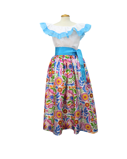 SET FALDA ADELITA COLORES BLUSA CAMPESINA BLANCA ENCAJE AZUL