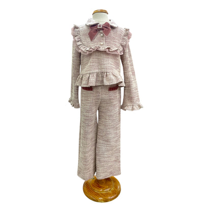 Conjunto jersey manga semi campana y pantalón corte recto tono rosa