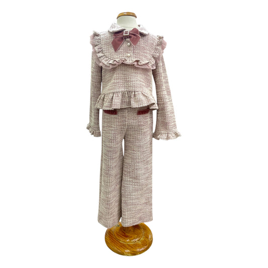 Conjunto jersey manga semi campana y pantalón corte recto tono rosa