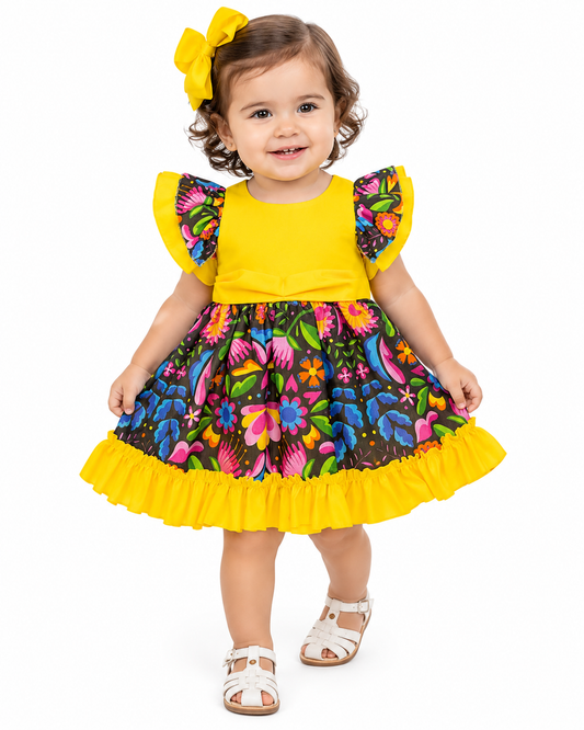 VESTIDO ADELITA TIPICO PATRIO ELEGANTE PETO AMARILLO CANARIO, FALDA NEGRA FLORES