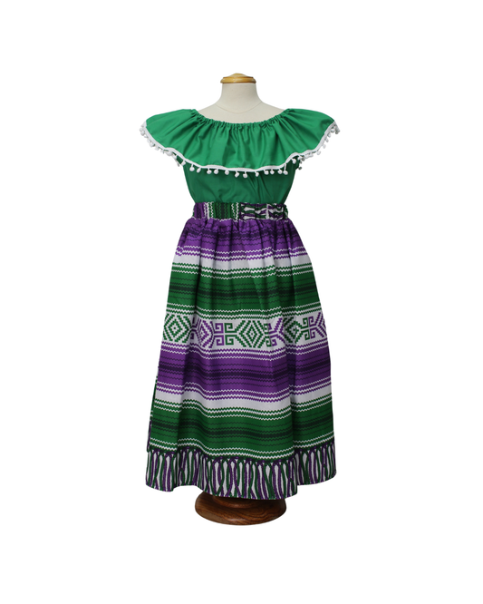 SET FALDA ADELITA FLORES BLUSA CAMPESINA VERDE POMPON BLANCO, FALDA RAYAS MORADA