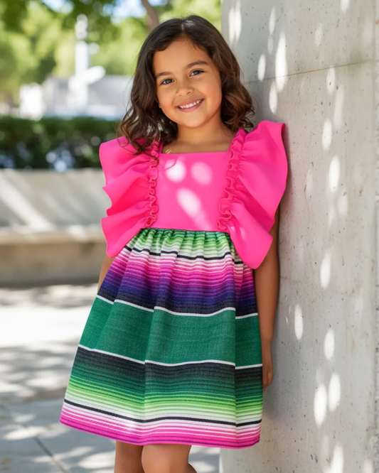 VESTIDO ADELITA TIPICO PATRIO SALTILLO PETO ROSA NEON