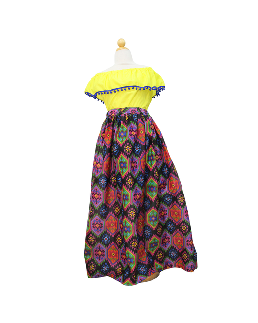 SET FALDA ADELITA COLORES BLUSA CAMPESINA AMARILLA POMPON AZUL