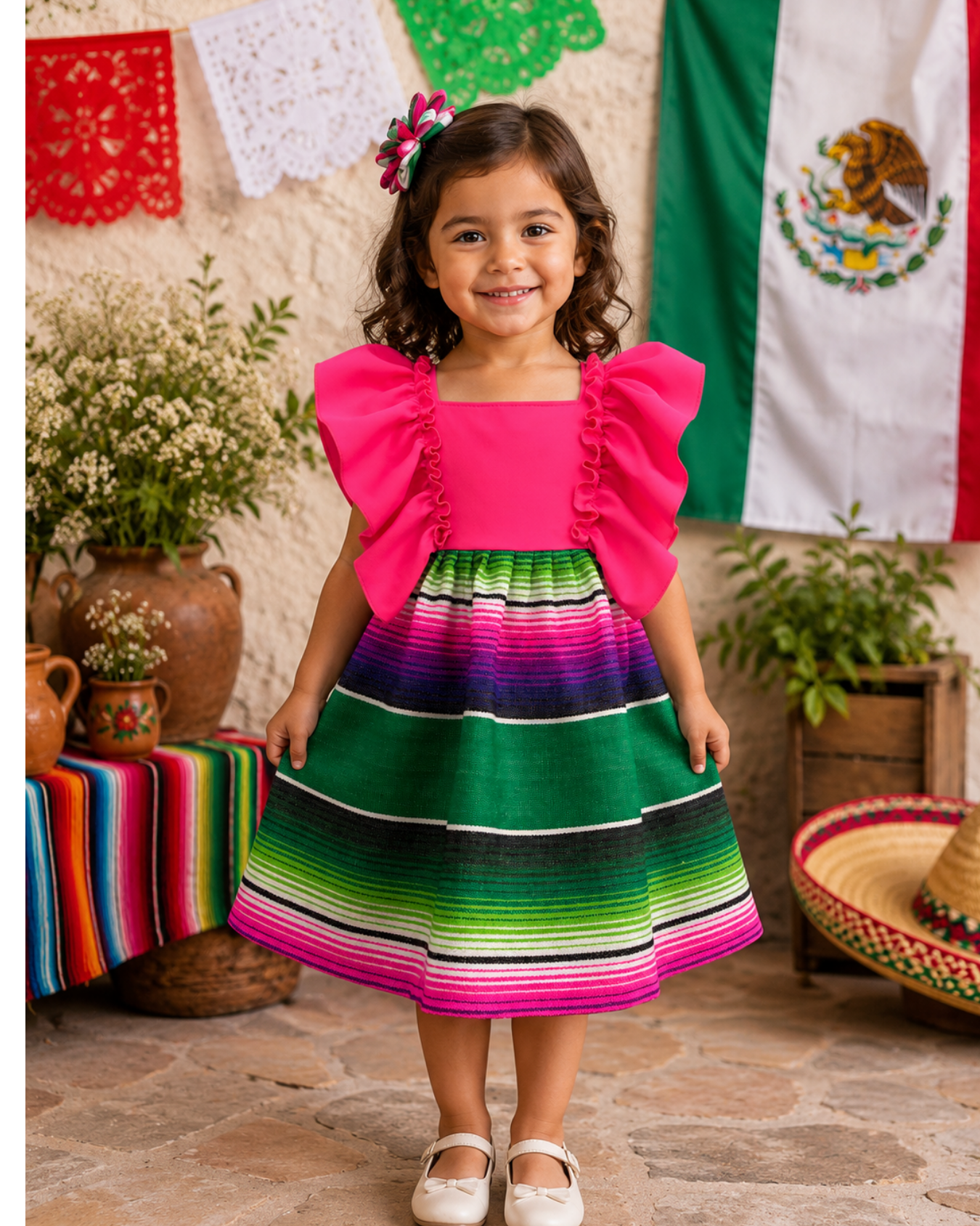 VESTIDO ADELITA TIPICO PATRIO SALTILLO PETO ROSA NEON