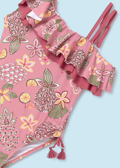 traje de baño mayoral, manga con olan cruzado, color rosa palo