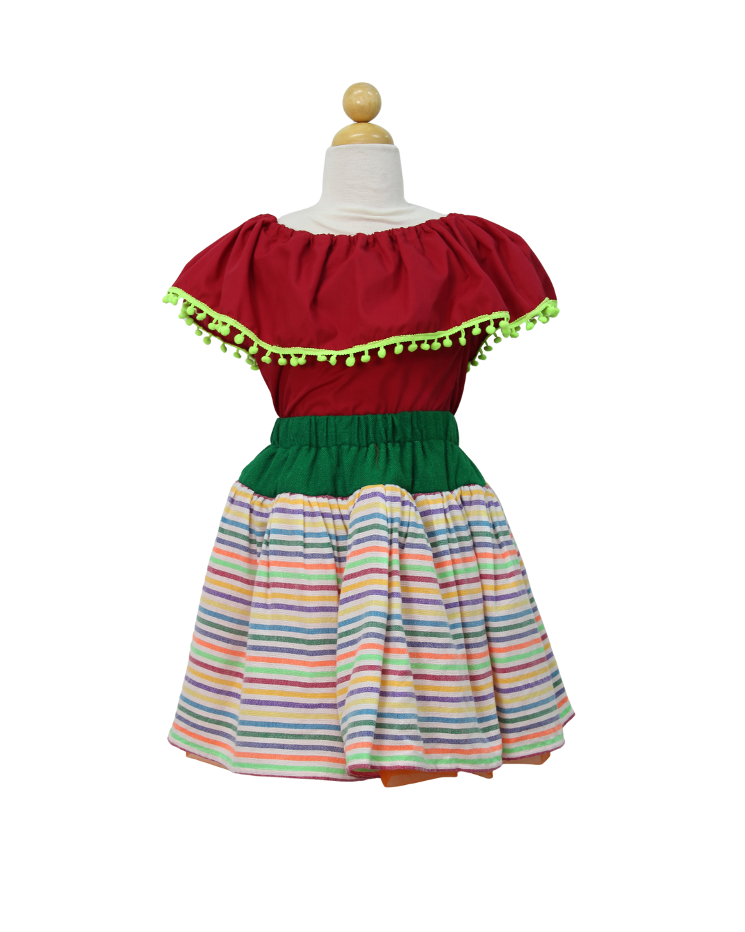 SET PATRIO TUTU CON BLUSA CAMPESINA ROJA POMPON AZUL, FALDA CAMBAYA RAYAS (Copy)