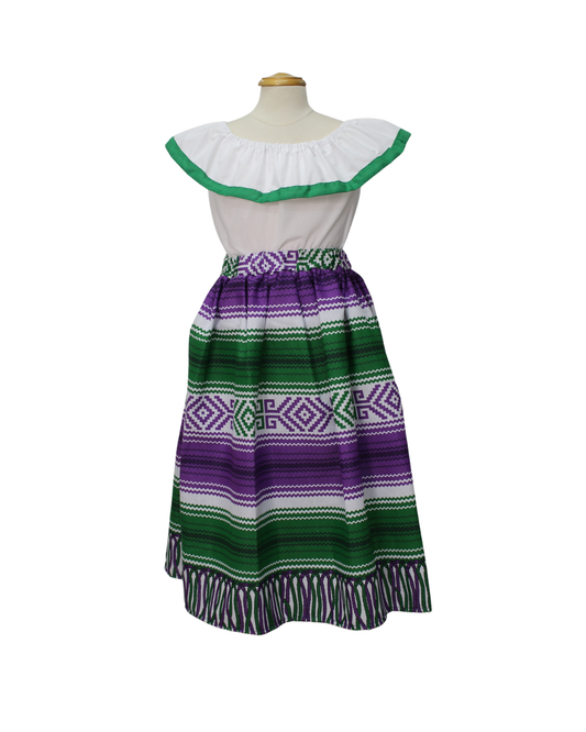 SET FALDA ADELITA FLORES BLUSA CAMPESINA BLANCA OLAN VERDE, FALDA RAYAS MORADA