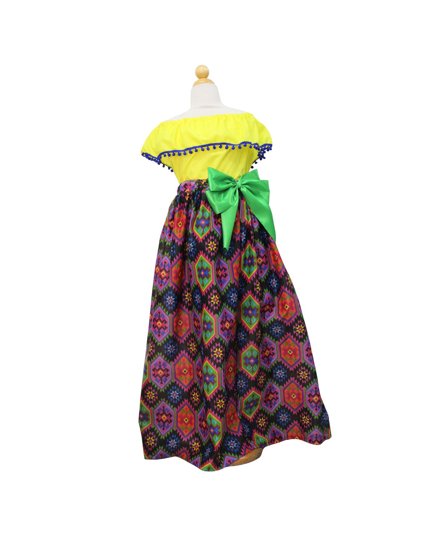 SET FALDA ADELITA COLORES BLUSA CAMPESINA AMARILLA POMPON AZUL