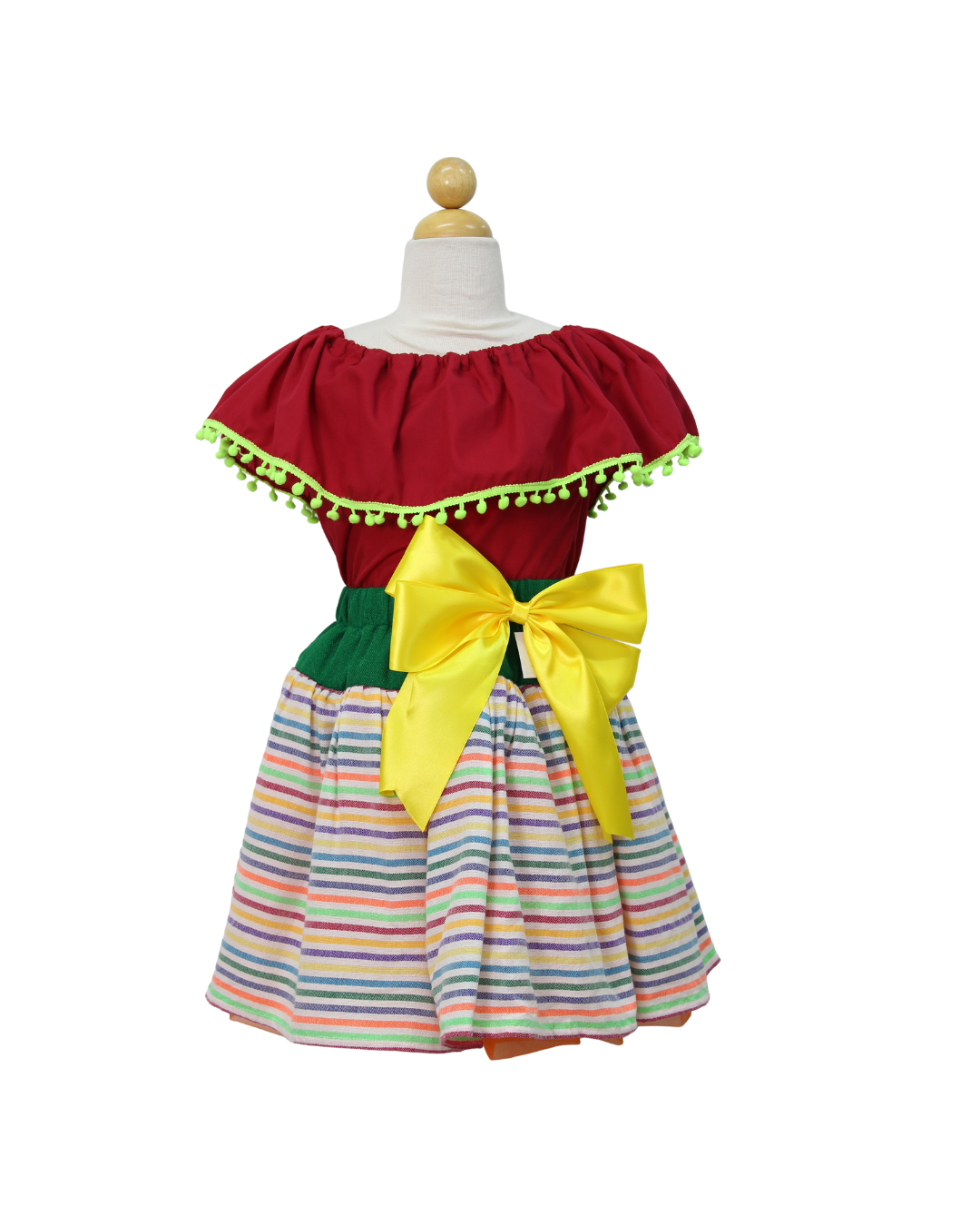 SET PATRIO TUTU CON BLUSA CAMPESINA ROJA POMPON AZUL, FALDA CAMBAYA RAYAS (Copy)