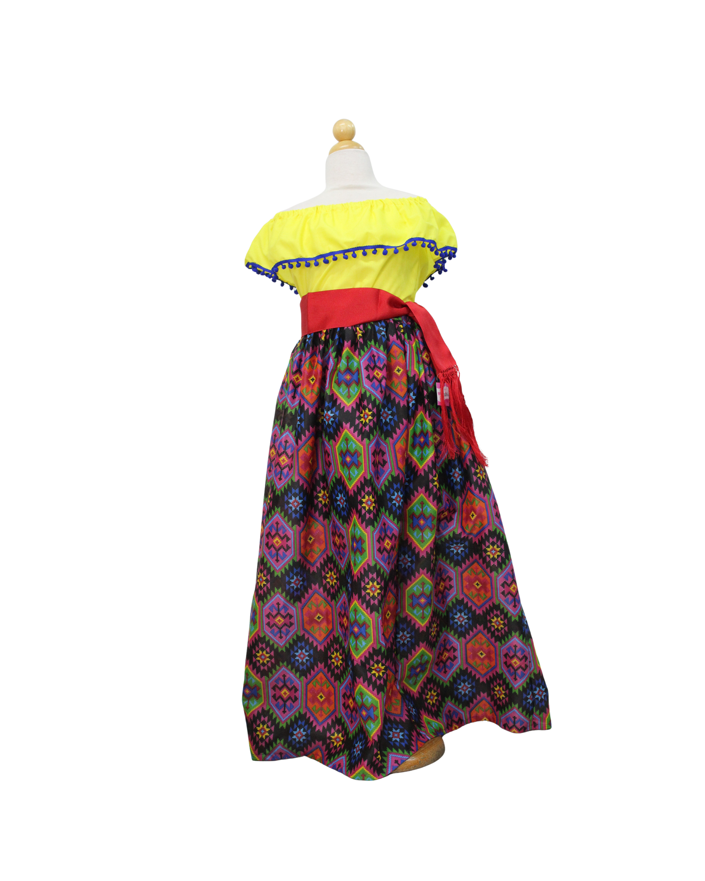 SET FALDA ADELITA COLORES BLUSA CAMPESINA AMARILLA POMPON AZUL