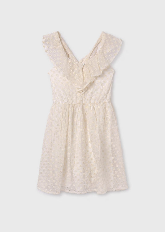 vestido bambula, bordado color beige