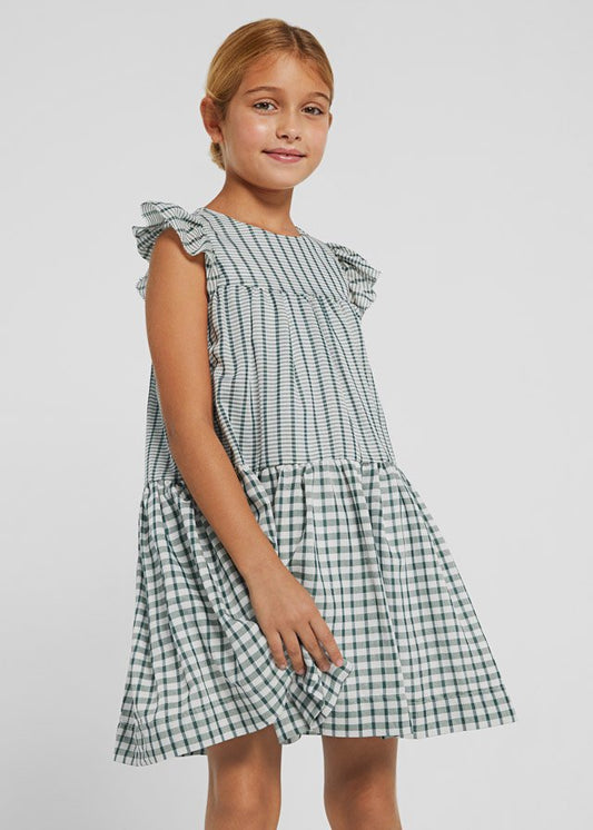 vestido a cuadros con manga rufle