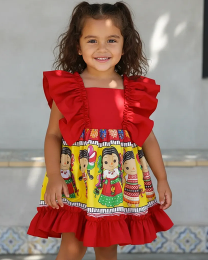 VESTIDO ADELITA TIPICO PATRIO ELEGANTE PETO ROJO, FALDA AMARILLO MUÑECAS