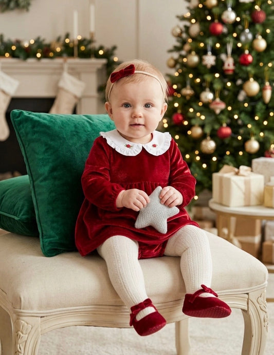 Vestido terciopelo calzón rojo con cuello redondo blanco