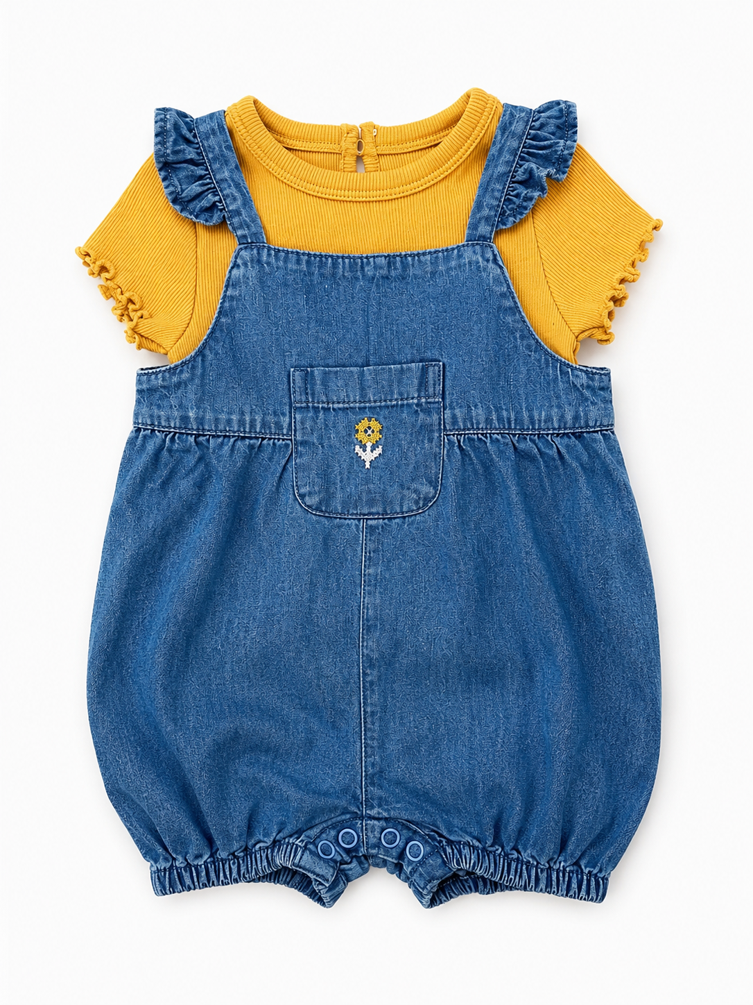 Set overol denim corto + camiseta amarillo
