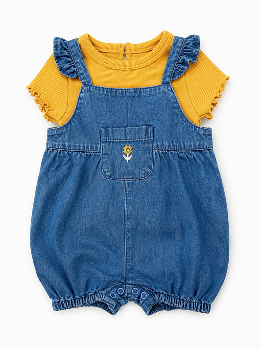Set overol denim corto + camiseta amarillo
