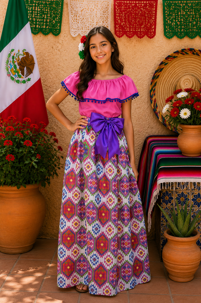 SET FALDA ADELITA CUADROS BLUSA CAMPESINA ROSA POMPON MARINO