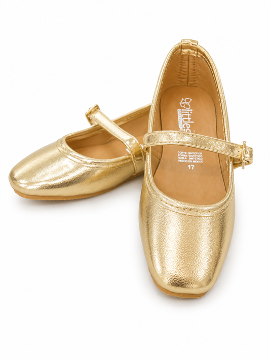 zapato oro corte flat, punta cuadrada, cierre hebilla
