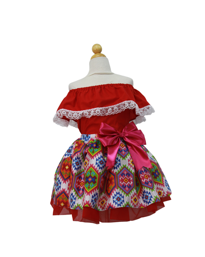 SET PATRIO TUTU CON BLUSA CAMPESINA ROJA ENCAJE BLANCO, FALDA CUADROS BLANCA