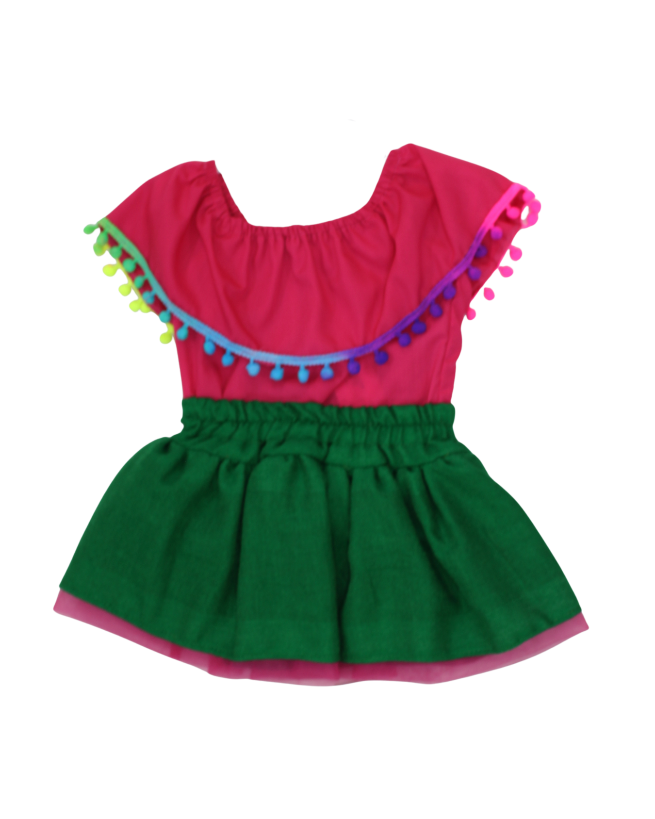 SET PATRIO TUTU CON BLUSA CAMPESINA ROSA POMPON ARCOIRIS, FALDA VERDE