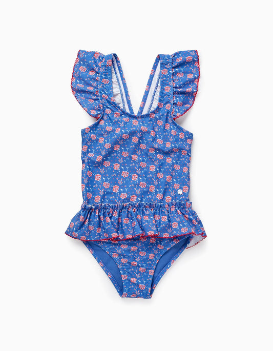 traje de baño una pieza color azul, espalda descubierta
