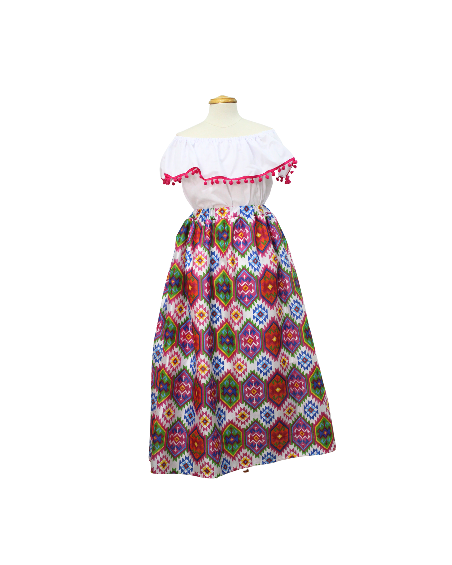 SET FALDA ADELITA COLORES BLUSA CAMPESINA BLANCA POMPON ROSA
