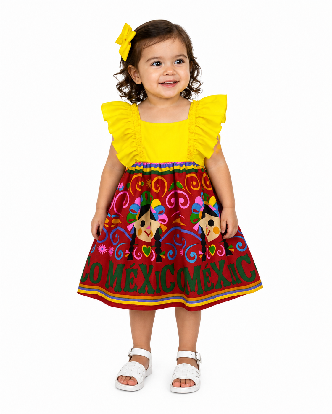 VESTIDO ADELITA TIPICO PATRIO ELEGANTE PETO AMARILLO, FALDA ROSA MUÑECAS