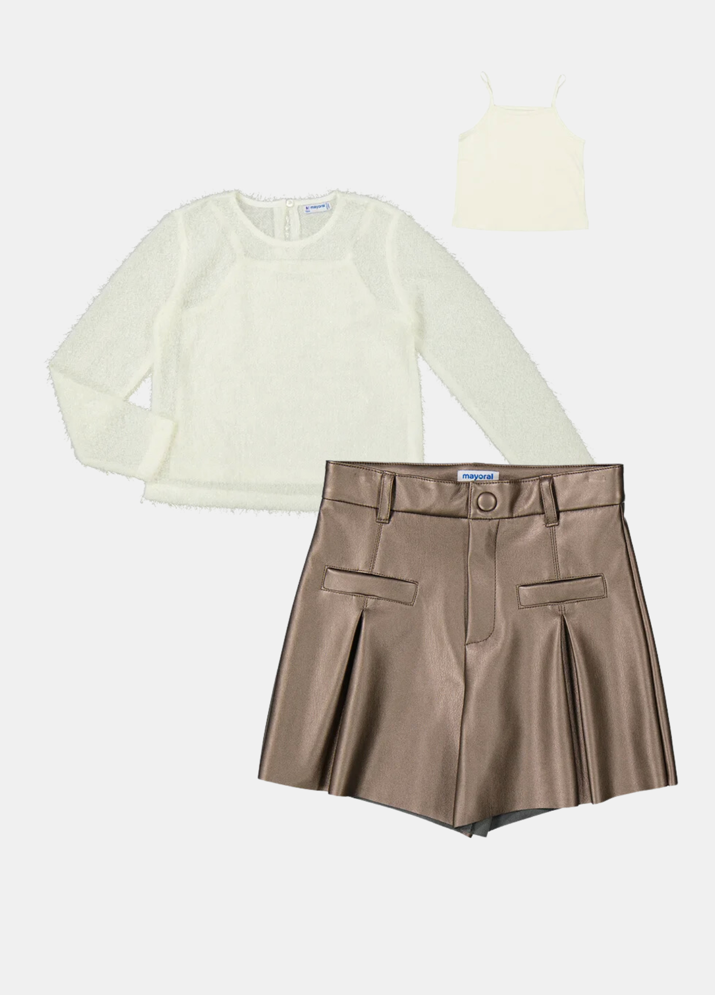 set blusa crema con short polipiel cobre