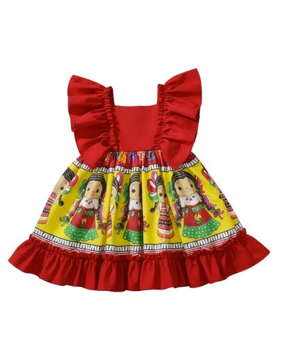 VESTIDO ADELITA TIPICO PATRIO ELEGANTE PETO ROJO, FALDA AMARILLO MUÑECAS