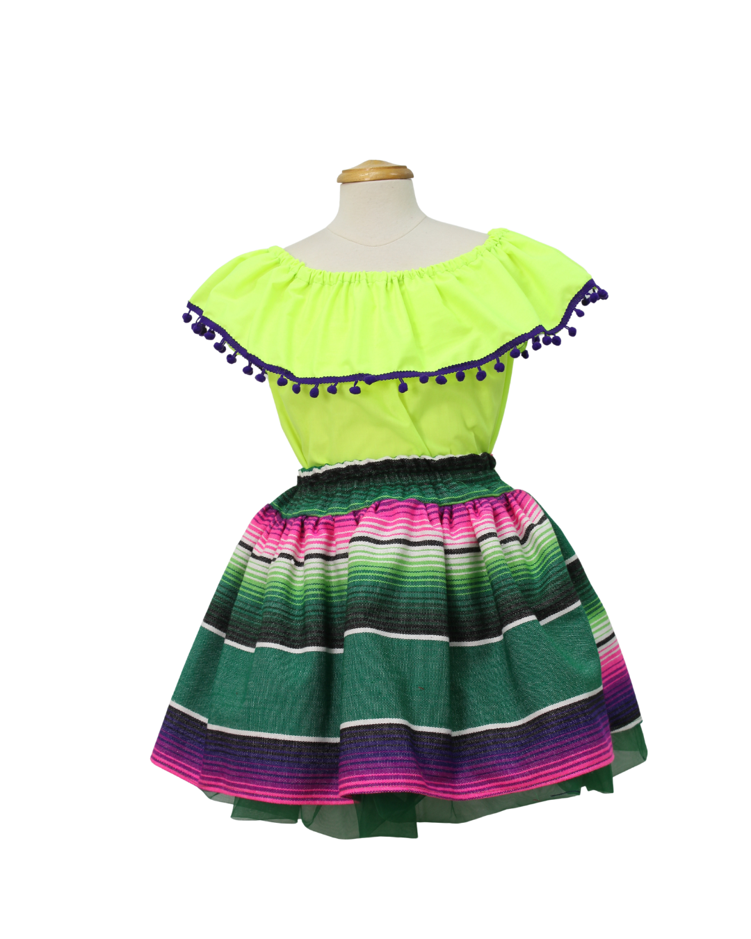 SET PATRIO TUTU CON BLUSA CAMPESINA AMARILLO  POMPON AZUL, FALDA RAYA
