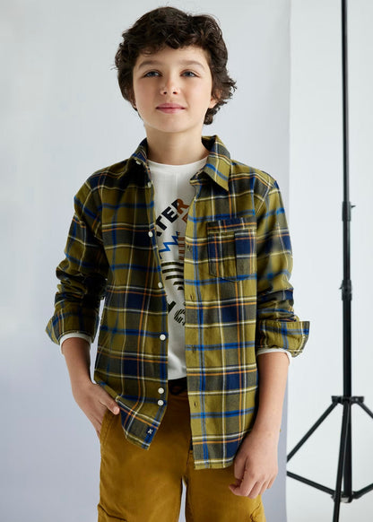 camisa a cuadros verde militar y caqui, manga larga