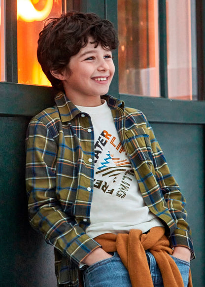 camisa a cuadros verde militar y caqui, manga larga