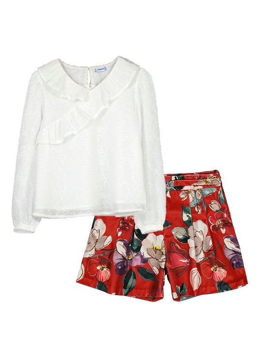 set blusa olan y short rojo de flores, mayoral