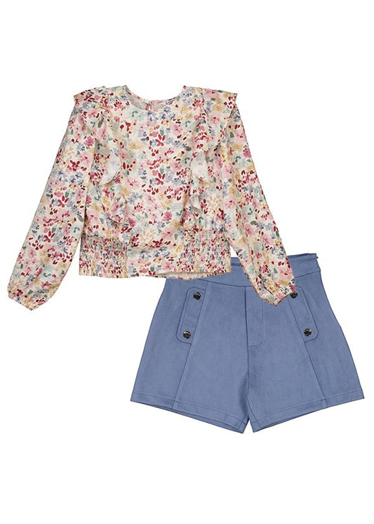 set blusa olan flores short falda azul, mayoral