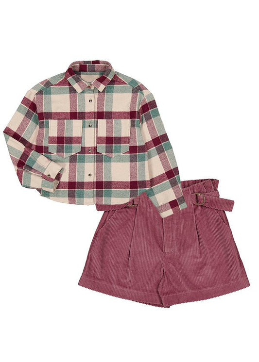 set camisa a cuadros y short pana rosa, mayoral