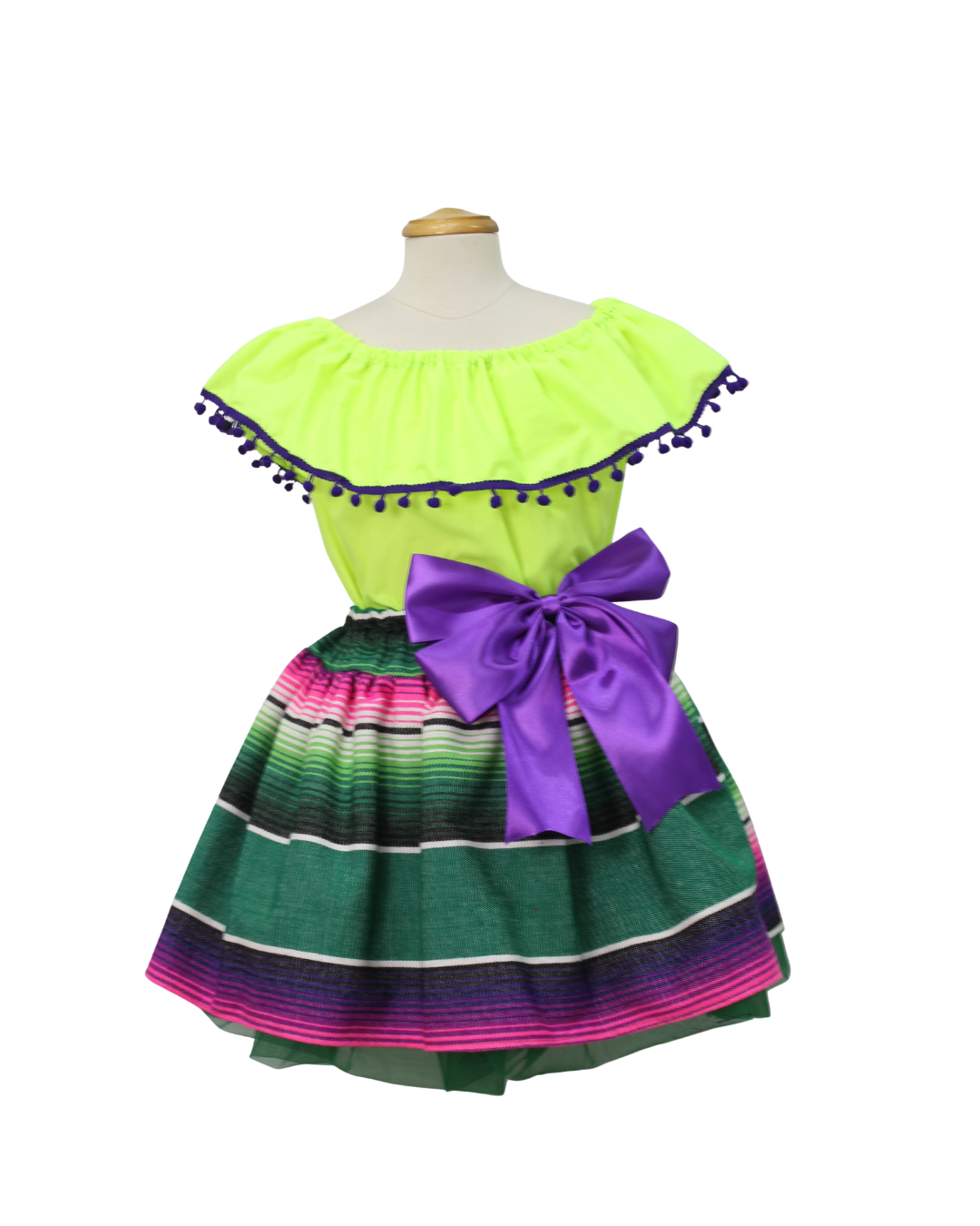 SET PATRIO TUTU CON BLUSA CAMPESINA AMARILLO  POMPON AZUL, FALDA RAYA