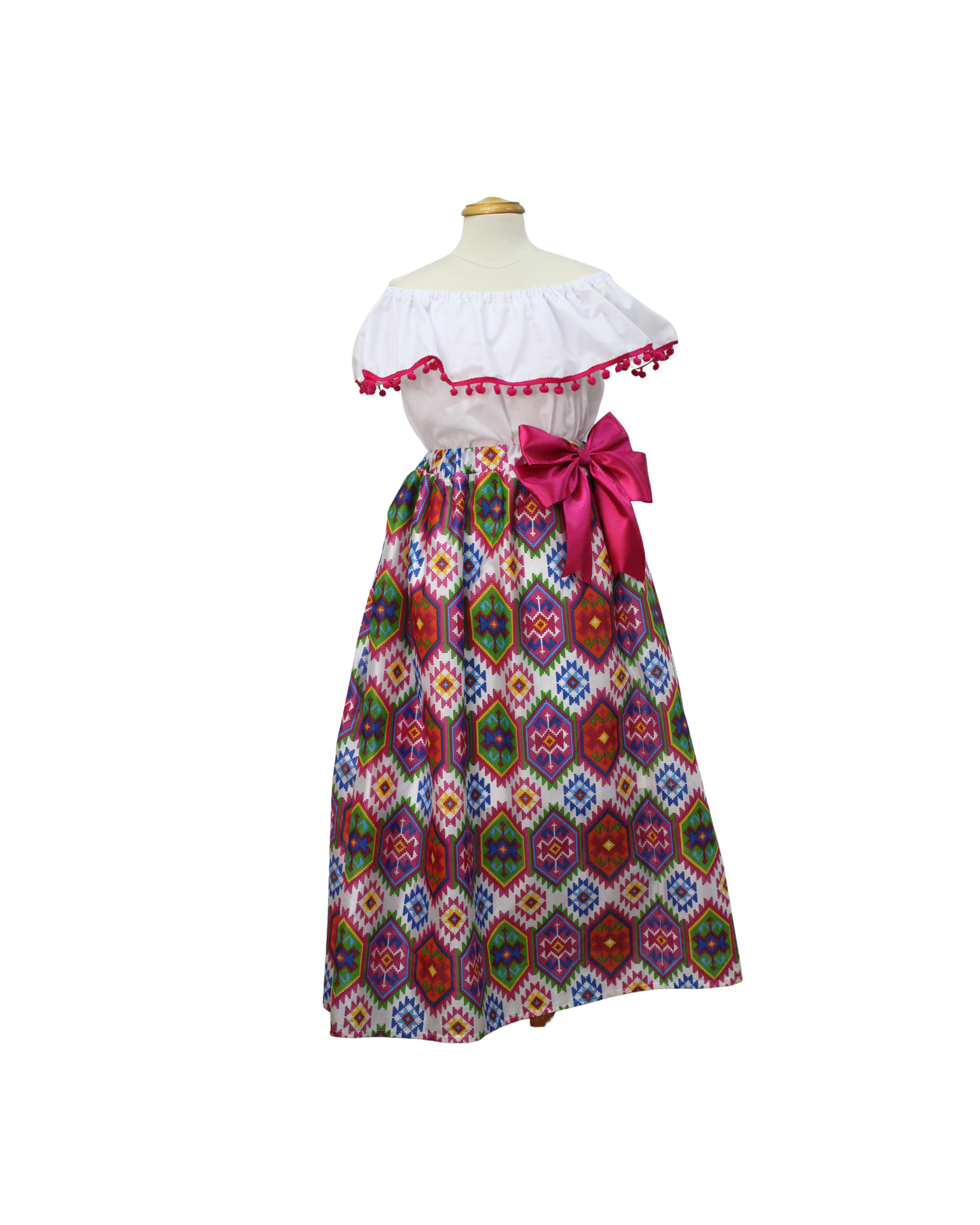 SET FALDA ADELITA COLORES BLUSA CAMPESINA BLANCA POMPON ROSA