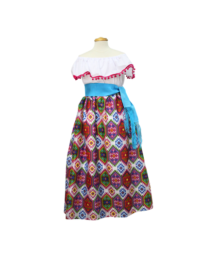 SET FALDA ADELITA COLORES BLUSA CAMPESINA BLANCA POMPON ROSA