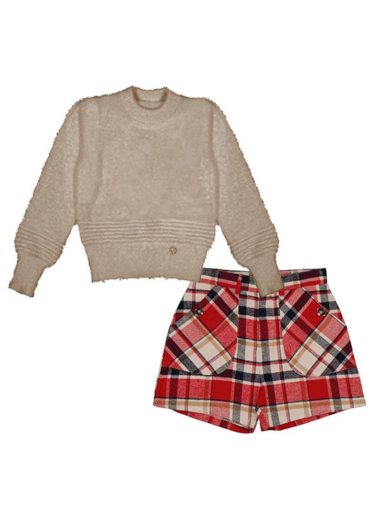 set blusa jersey beige y short a cuadros, mayoral