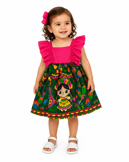 VESTIDO ADELITA TIPICO PATRIO ELEGANTE PETO ROSA, FALDA VERDE MUÑECAS