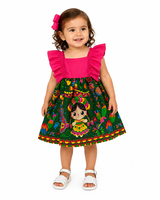 VESTIDO ADELITA TIPICO PATRIO ELEGANTE PETO ROSA, FALDA VERDE MUÑECAS