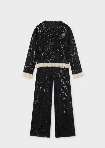 Conjunto pantalón y blusa lentejuela negro